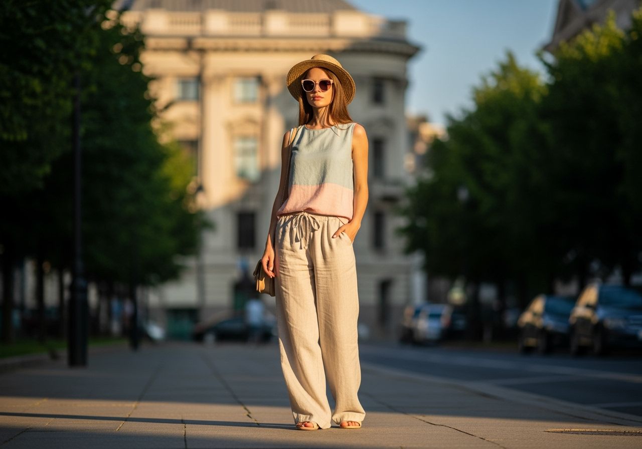 žena ve městě v letním oblečení chodí po ulici