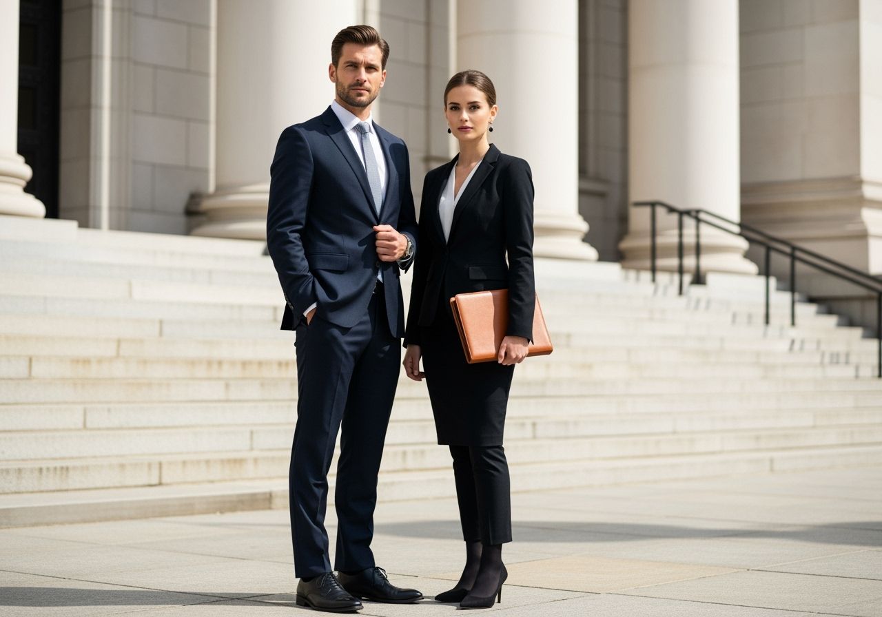 Muž a žena v obchodním oděvu stojí před soudní budovou během dne.