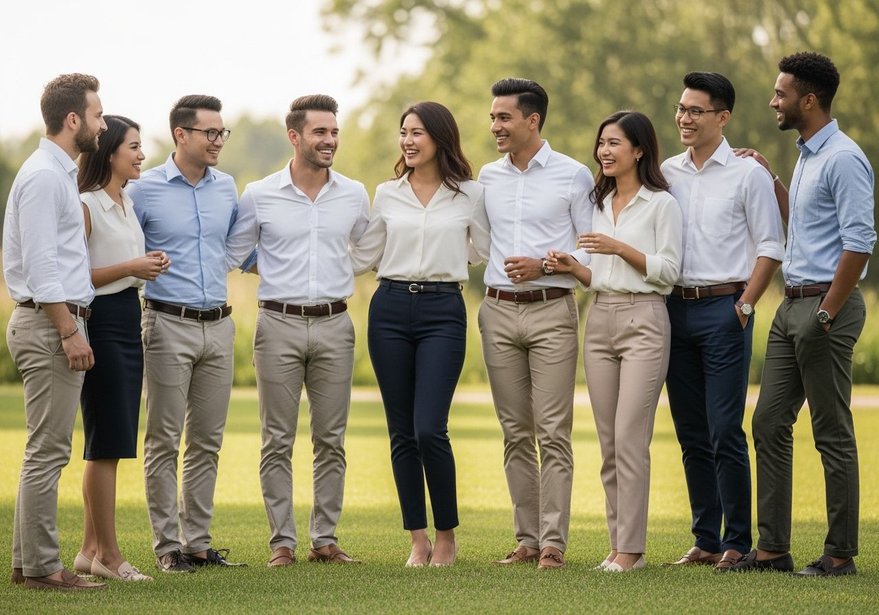 Skupina mladých lidí ve volnočasovém oblečení na venkovní neformální akci v parku.