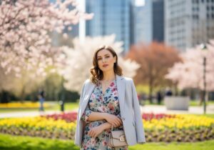 Žena v jarním outfitu stojí v parku na Mezinárodní den žen s moderní architekturou v pozadí