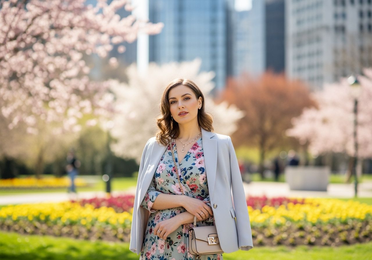 Žena v jarním outfitu stojí v parku na Mezinárodní den žen s moderní architekturou v pozadí