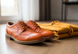 Oranžové boty na dřevěné podlaze vedle složeného oblečení v minimalistickém interiéru.