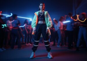 Mladý člověk v neonovém oblečení na techno párty s modrým a fialovým osvětlením ve městě