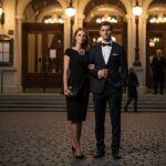 Mladý pár v elegantním oblečení před vstupem do klasického evropského divadla večer.