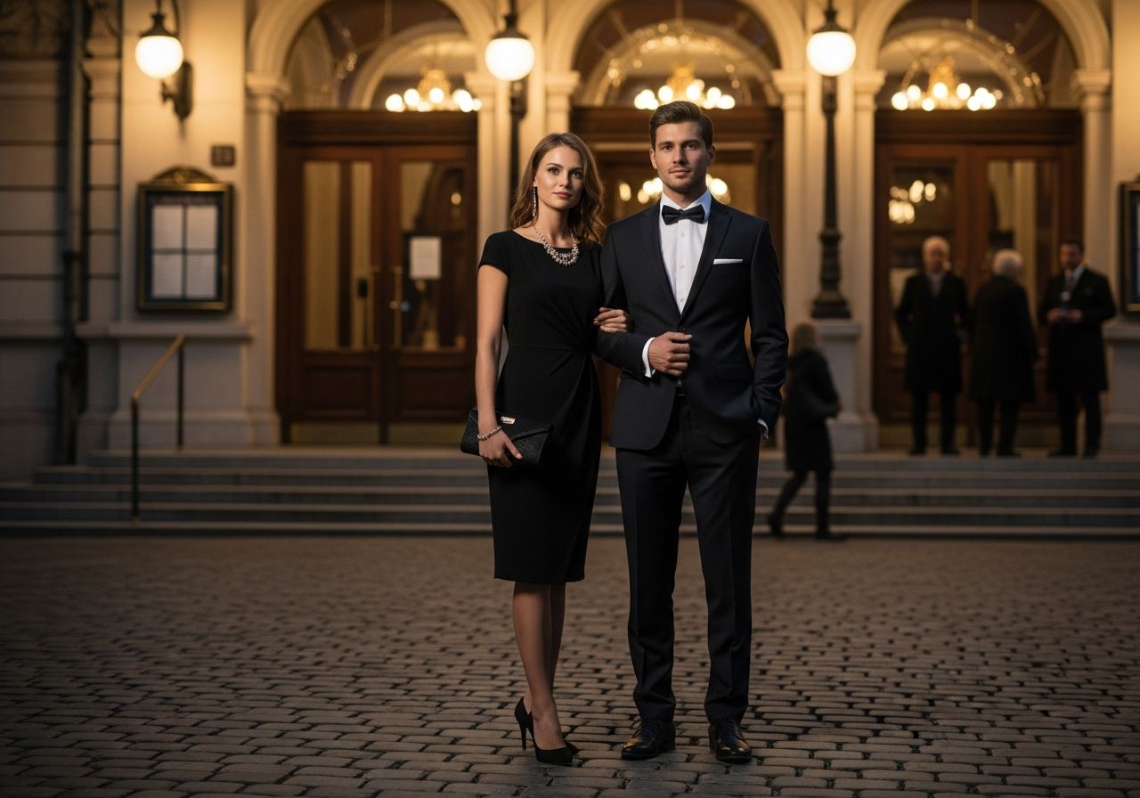 Mladý pár v elegantním oblečení před vstupem do klasického evropského divadla večer.