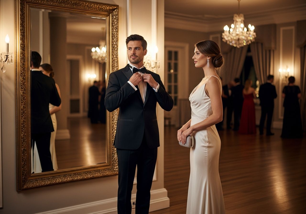Muž upravující kravatu u zrcadla a žena v šatech na elegantní gala večeru v luxusním sále.