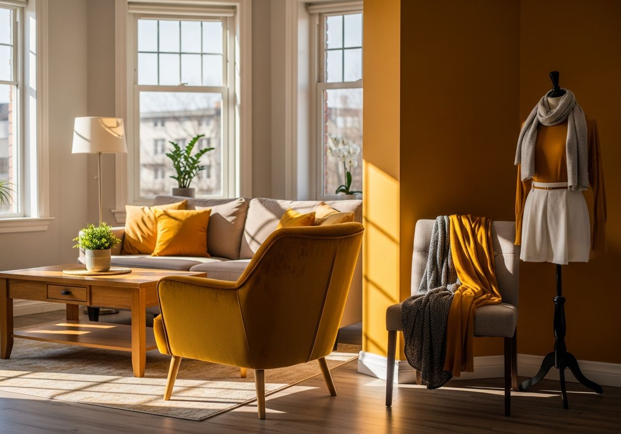 Interiér s hořčicovým křeslem, polštáři, dřevěným stolem a módním oděvem v hořčicové barvě.