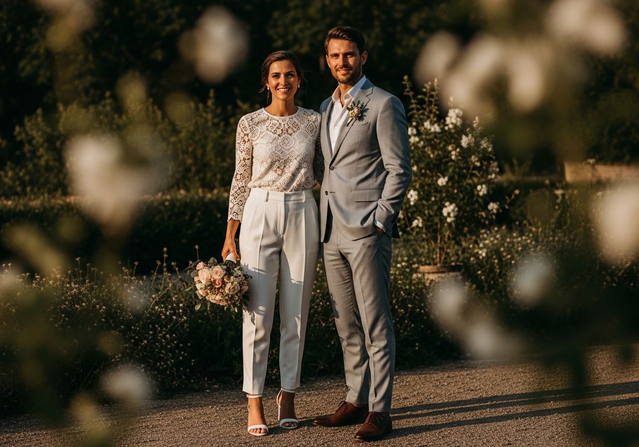 Mladý svatební pár venku za zlaté hodiny, nevěsta v kalhotách a krajce, ženich ve světle šedém obleku.