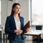 Mladá profesionálka stojí v kanceláři s koženým portfoliem, v modrém saku a bílém topu.