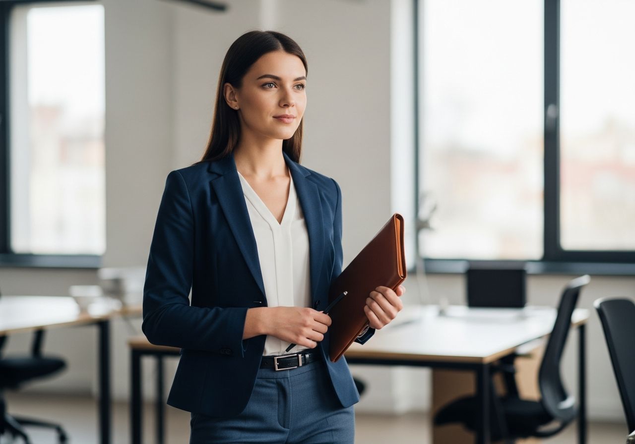 Mladá profesionálka stojí v kanceláři s koženým portfoliem, v modrém saku a bílém topu.