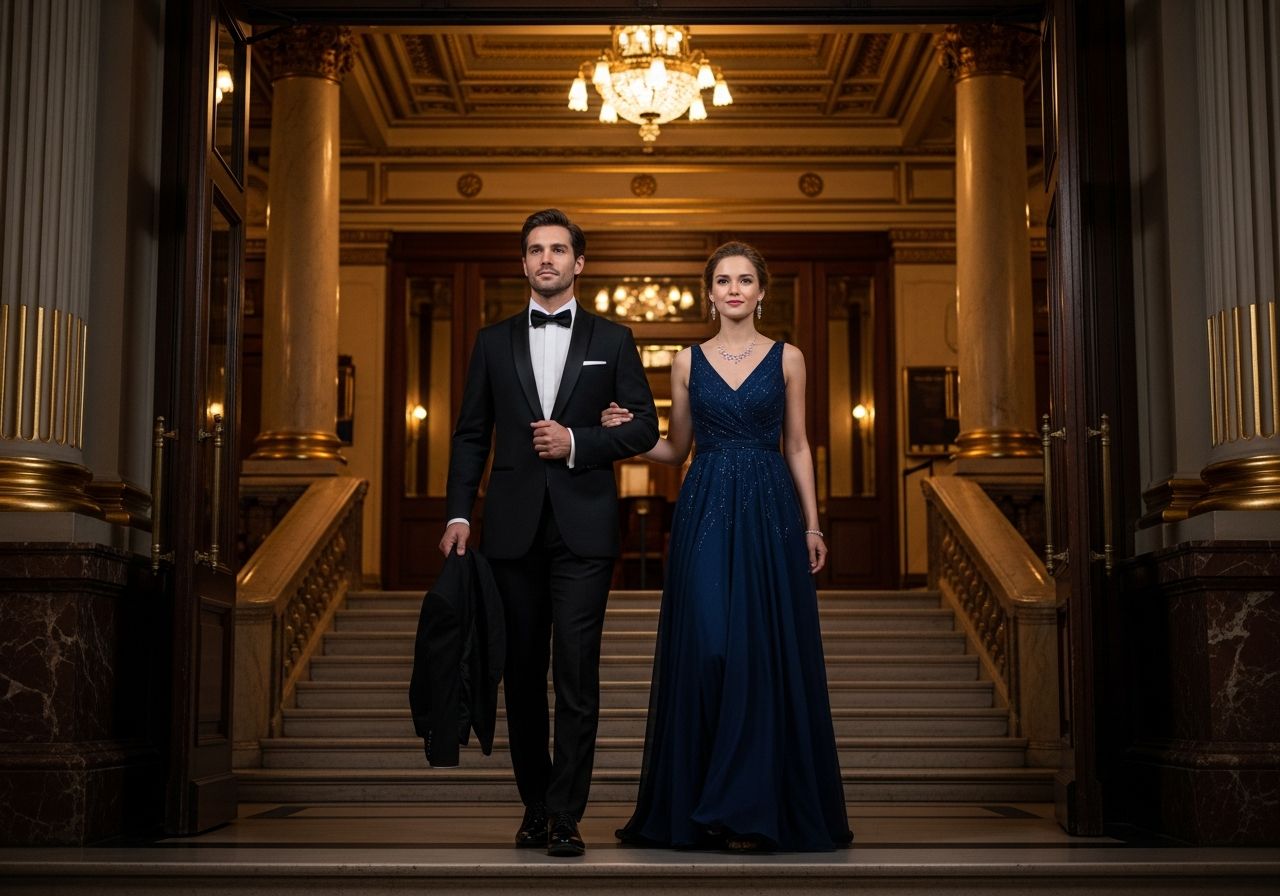 Pár ve večerních šatech vstupuje do velkého filharmonického sálu s osvětlenými schody a zlatými detaily