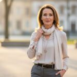 Žena kolem padesátky v elegantním oblečení stojí v městském parku za teplého odpoledního světla.