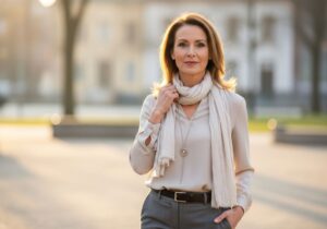 Žena kolem padesátky v elegantním oblečení stojí v městském parku za teplého odpoledního světla.