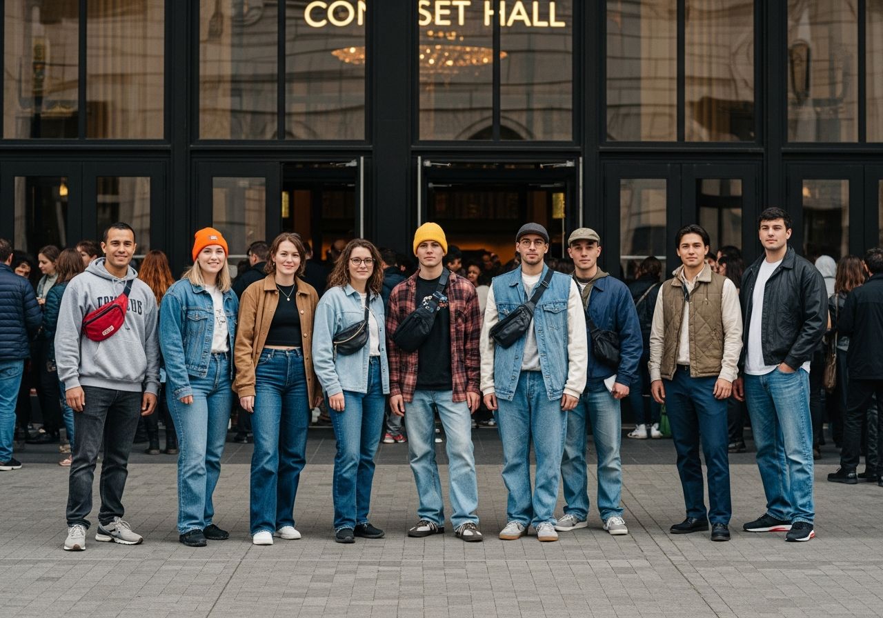 Skupina mladých lidí před vchodem do koncertní haly v neformálním oblečení, s rušným pozadím.