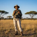 Cestovatel v africké savaně s batohem a dalekohledem, obklopen vysokou trávou a akáciemi.