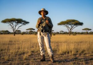 Cestovatel v africké savaně s batohem a dalekohledem, obklopen vysokou trávou a akáciemi.