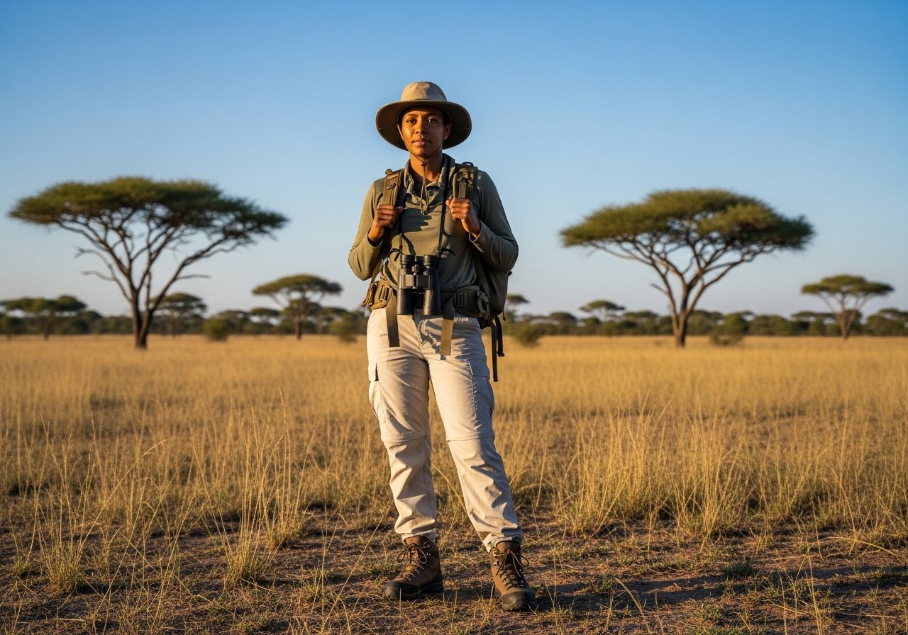 Cestovatel v africké savaně s batohem a dalekohledem, obklopen vysokou trávou a akáciemi.