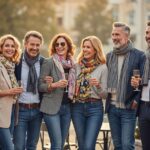 Skupina středního věku na venkovní reunion akci v oděvech 90. let a moderních trendech při zlaté hodině