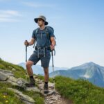 Mladý turista v letním oblečení s holemi stojí na horské stezce s výhledem na vrcholky a modrou oblohu