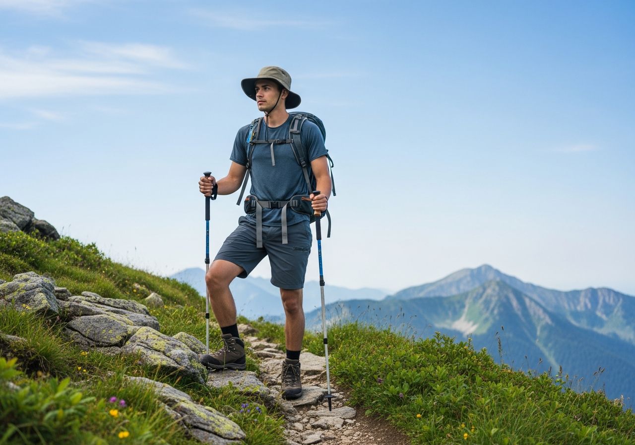 Mladý turista v letním oblečení s holemi stojí na horské stezce s výhledem na vrcholky a modrou oblohu