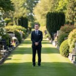 Osoba v černém obleku stojí na hřbitovní cestě mezi náhrobky a zelení za denního světla.