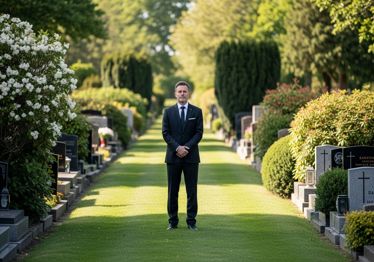 Osoba v černém obleku stojí na hřbitovní cestě mezi náhrobky a zelení za denního světla.