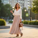 Mladá žena v městském prostředí za zlaté hodiny s béžskou sukní a bílou halenkou.