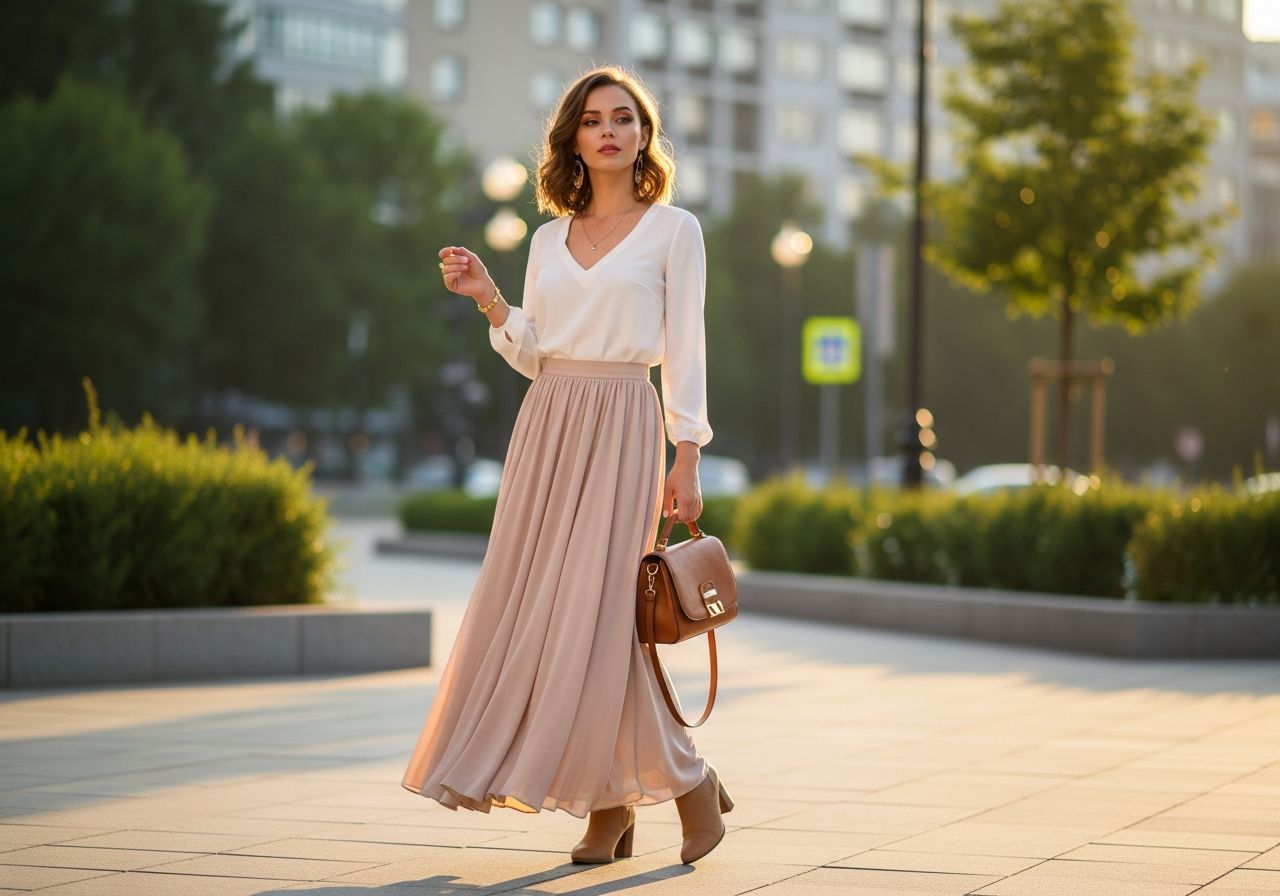 Mladá žena v městském prostředí za zlaté hodiny s béžskou sukní a bílou halenkou.