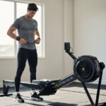 Mladý sportovec v moderním oblečení připravuje veslovací trenažér v světlé posilovně.