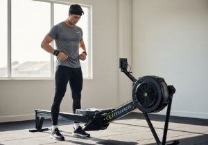 Mladý sportovec v moderním oblečení připravuje veslovací trenažér v světlé posilovně.