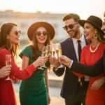 Skupina mladých oslavujících venku při večerní párty s šampaňským v módním oblečení.