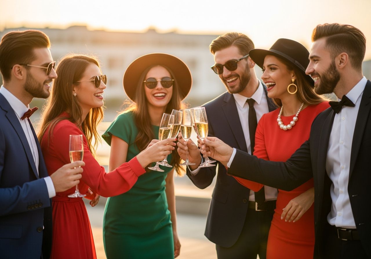 Skupina mladých oslavujících venku při večerní párty s šampaňským v módním oblečení.