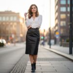 Stylová žena ve městě za zlaté hodiny v černé kožené sukni a bílé košili s minimalistickými šperky
