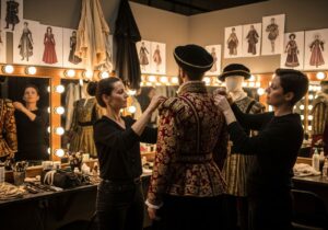 Kostýmní návrhář a maskér spolupracují na jevišti při přípravě renesančního kostýmu.