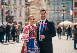 Mladý pár v tradičním československém oděvu na náměstí s vlajkami a oslavami za slunečného dne