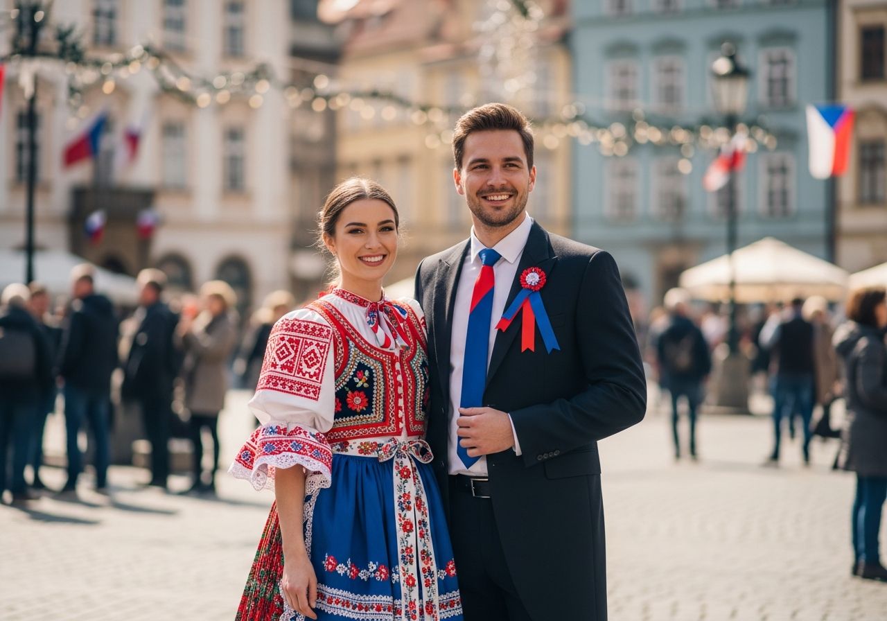 Mladý pár v tradičním československém oděvu na náměstí s vlajkami a oslavami za slunečného dne