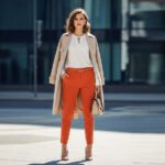 Mladá žena v oranžových kalhotách a bílém topu na městské ulici za denního světla