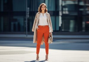 Mladá žena v oranžových kalhotách a bílém topu na městské ulici za denního světla