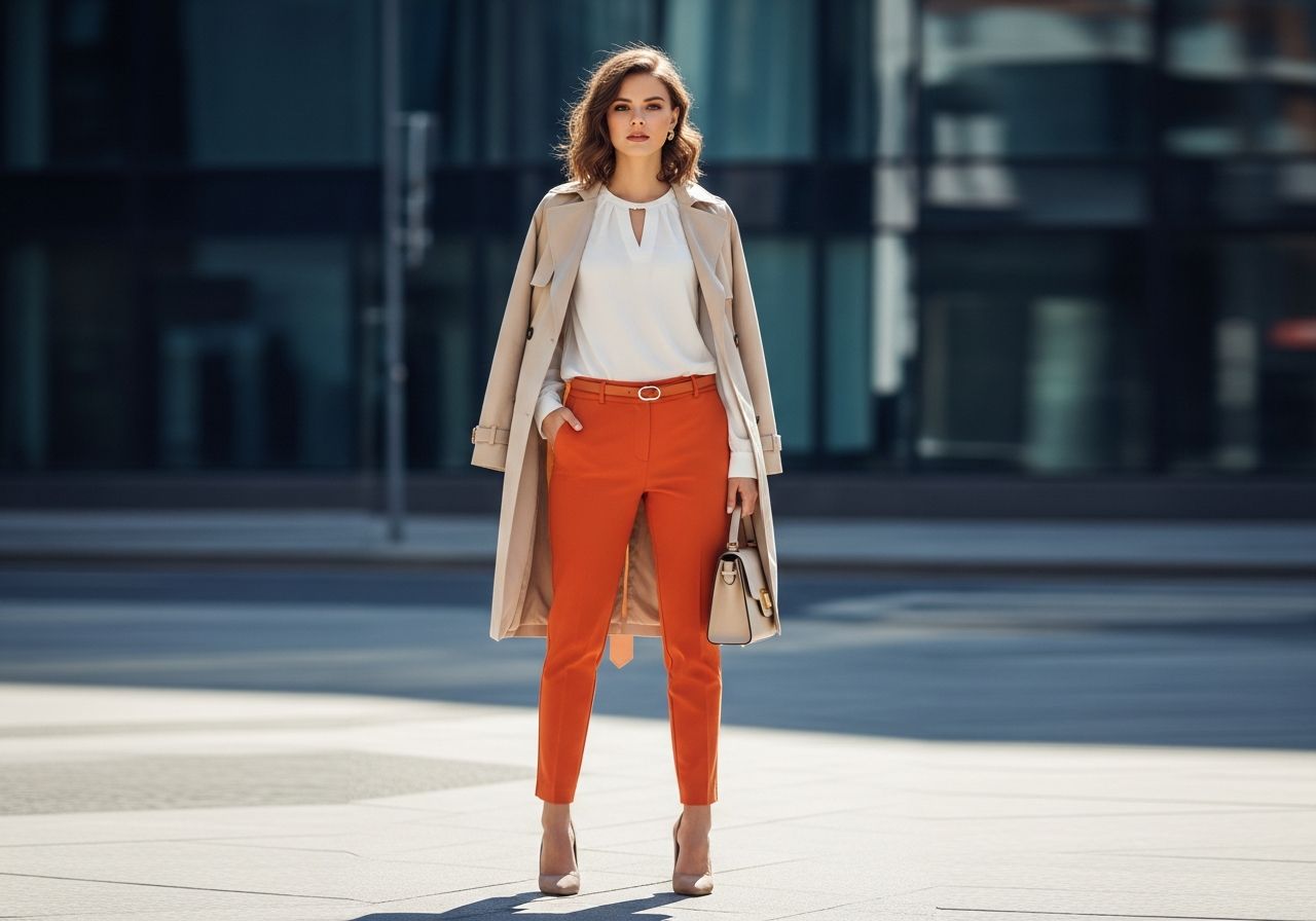 Mladá žena v oranžových kalhotách a bílém topu na městské ulici za denního světla