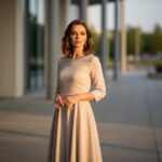 Stylová žena v béžových šatech stojí ve městě během zlaté hodiny s přirozeným vzhledem.