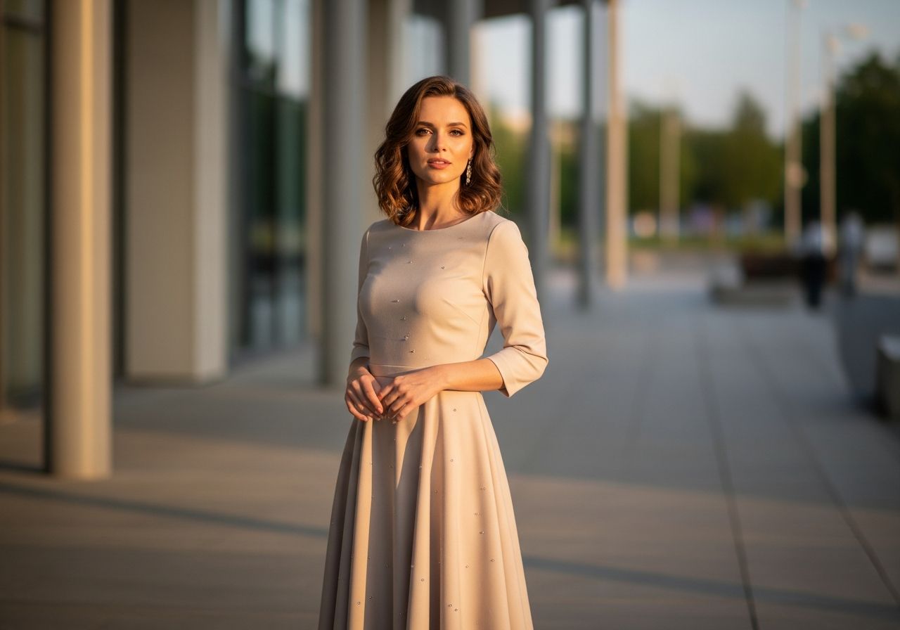 Stylová žena v béžových šatech stojí ve městě během zlaté hodiny s přirozeným vzhledem.