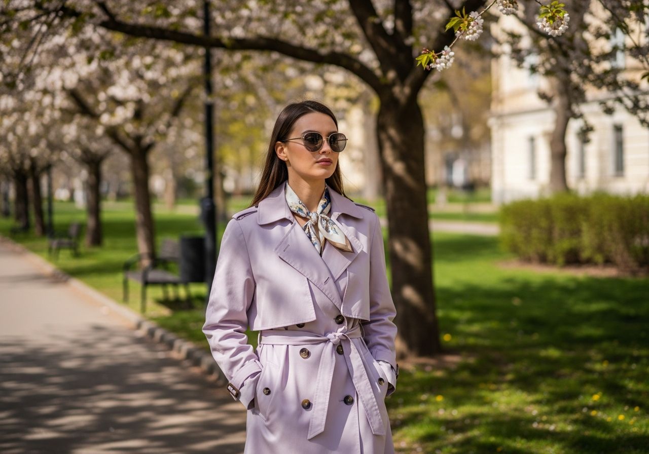 Mladá žena v lehkém trenčkotu a šátku kráčí městským parkem s kvetoucími sakurami.