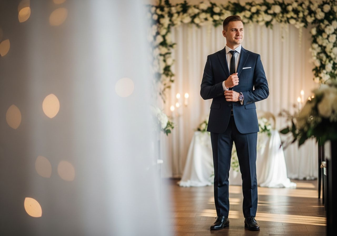 Ženich v tmavě modrém obleku upravuje manžetové knoflíčky v moderním svatebním prostoru