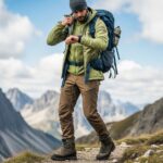 Turista v horském oblečení upravuje límec, stojí na stezce s horami a batoh na zádech.