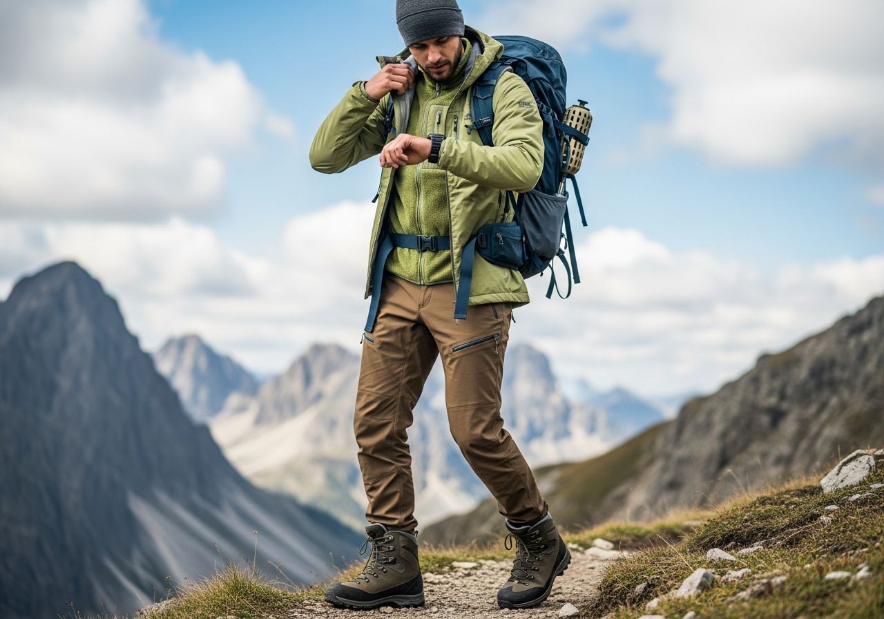 Turista v horském oblečení upravuje límec, stojí na stezce s horami a batoh na zádech.