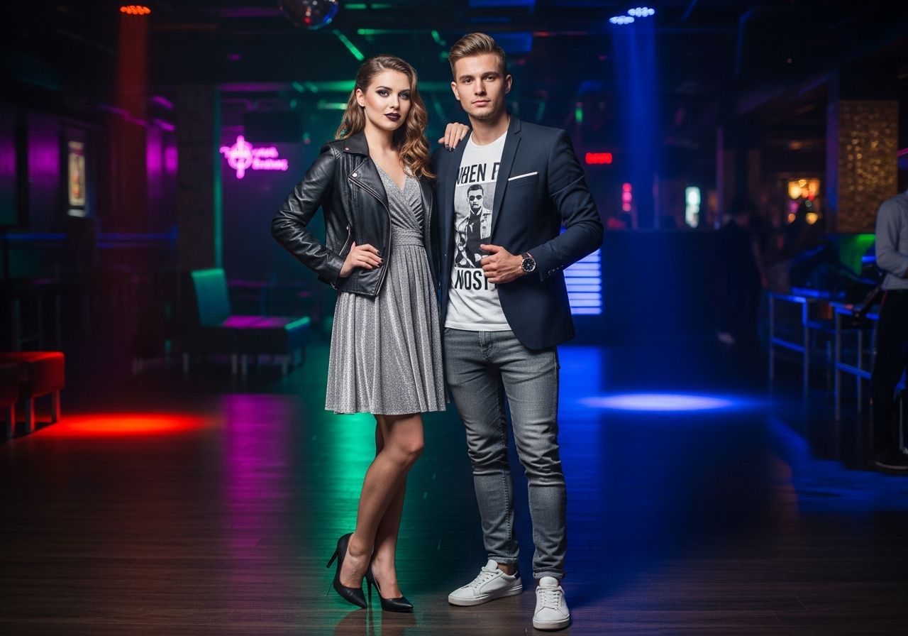 Mladý pár v moderním nočním klubu s neonovými světly, připravený na večerní zábavu.