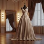 Fotorealistická večerní róba na manekýnu v elegantní šatně s doplňky a teplým osvětlením