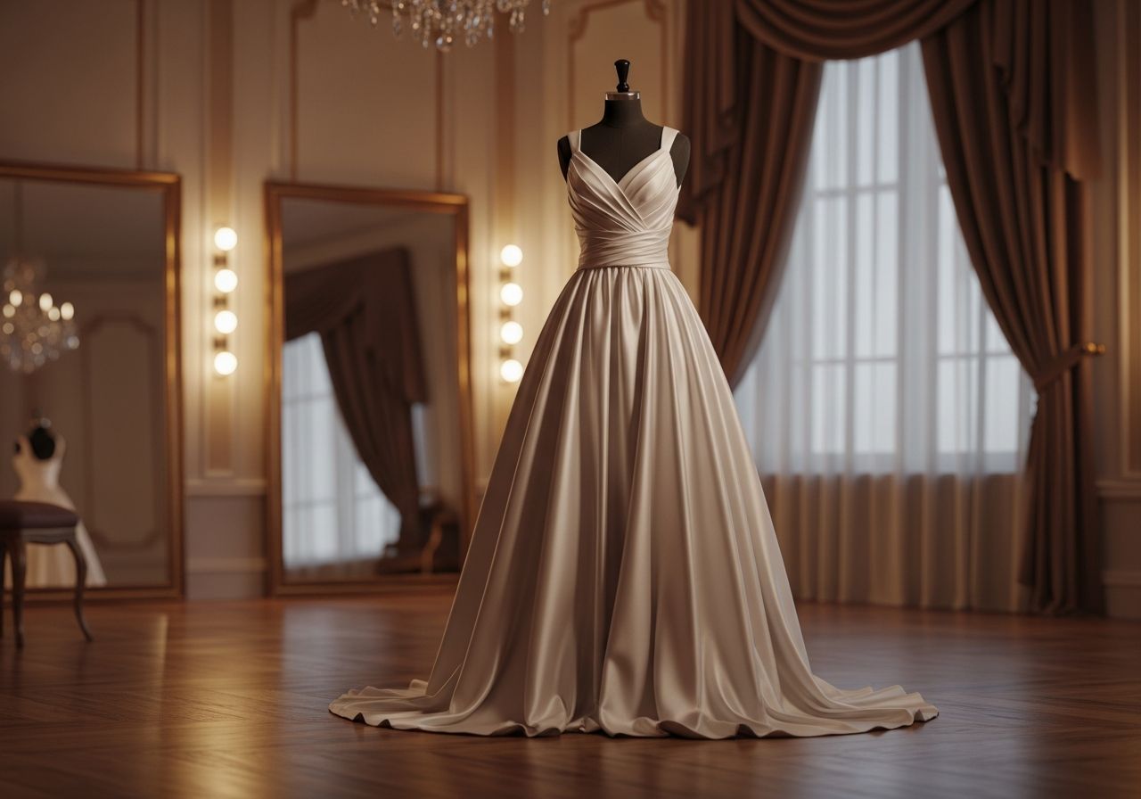 Fotorealistická večerní róba na manekýnu v elegantní šatně s doplňky a teplým osvětlením