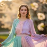 Mladá žena v pastelovém oblečení stojí venku za zlaté hodiny s jemným jarním pozadím.