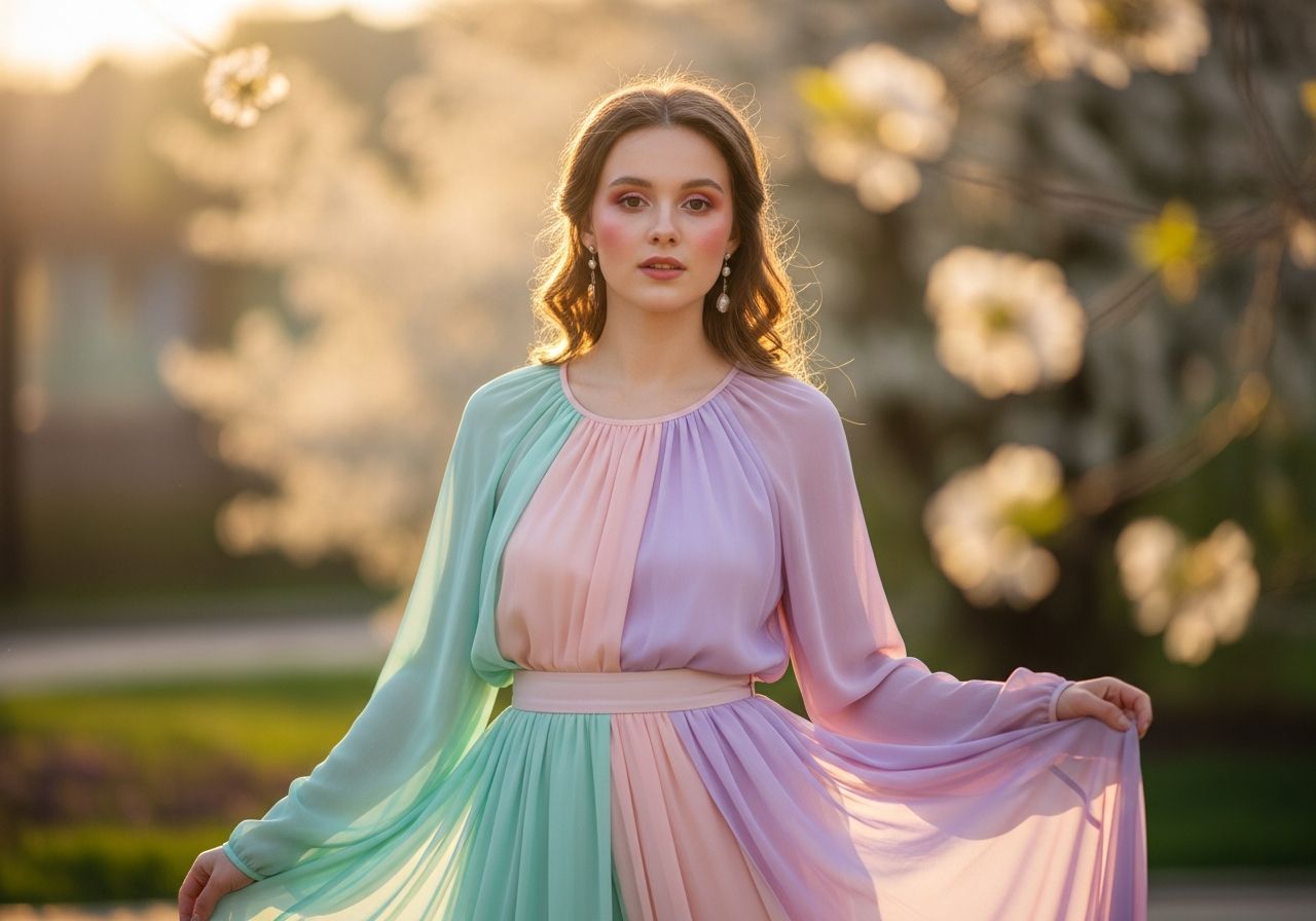 Mladá žena v pastelovém oblečení stojí venku za zlaté hodiny s jemným jarním pozadím.